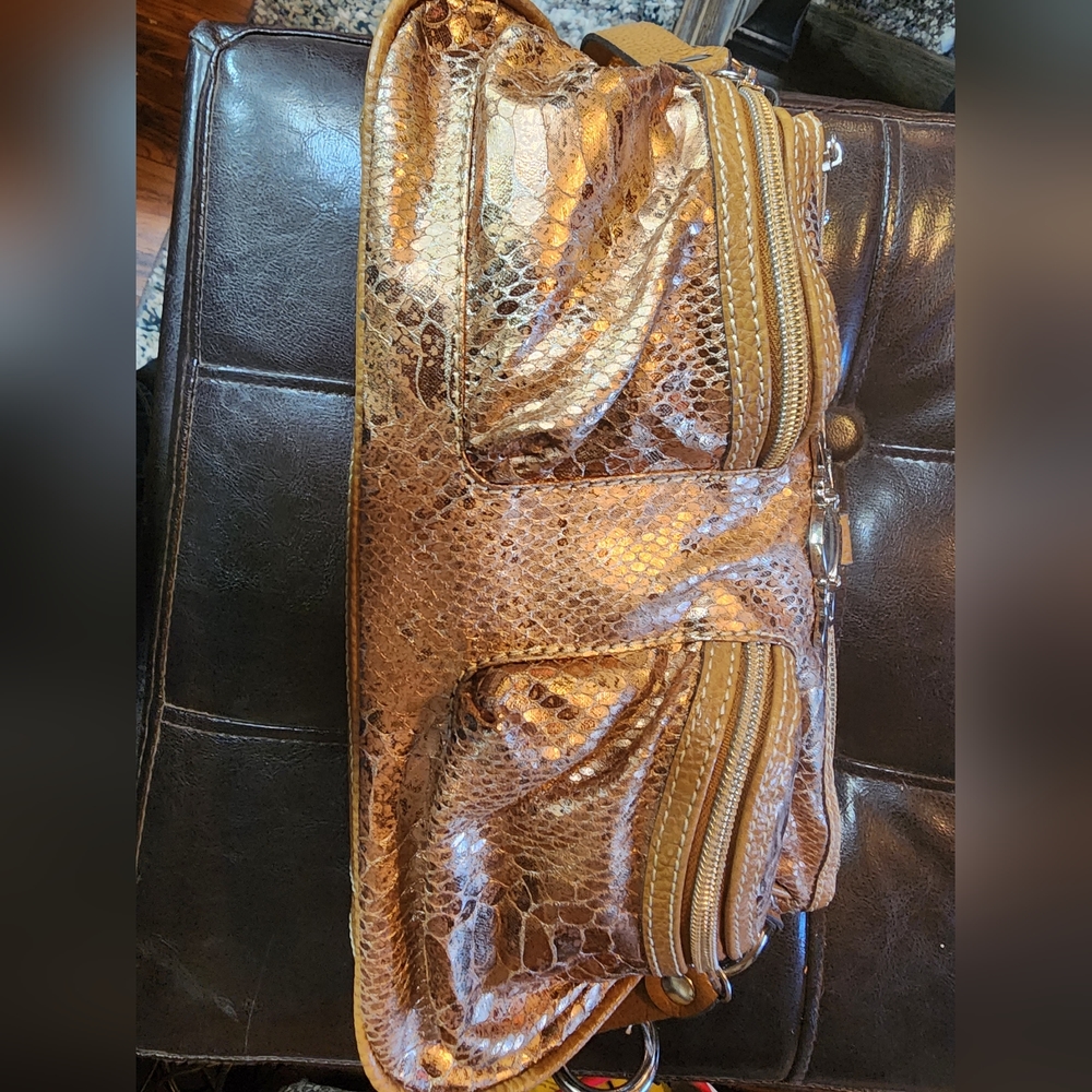 Metallic Gold Brown Hobo Shoulder Bag Purse  Snakeskin Charm Kathy Van Zeeland